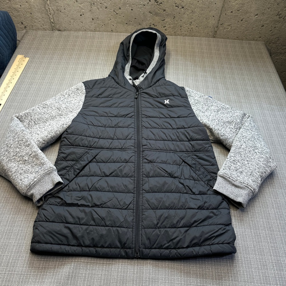 Hurley Hybrid Puffer Jacket Mens Large Black Grey Quilted Hooded 3M Thinsulate